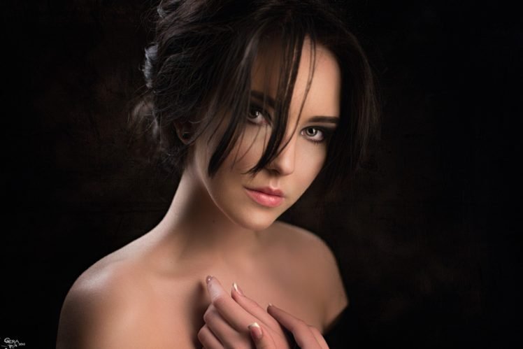 women, Model, Brunette, Green eyes, Bare shoulders, Portrait, Georgiy Chernyadyev HD Wallpaper Desktop Background