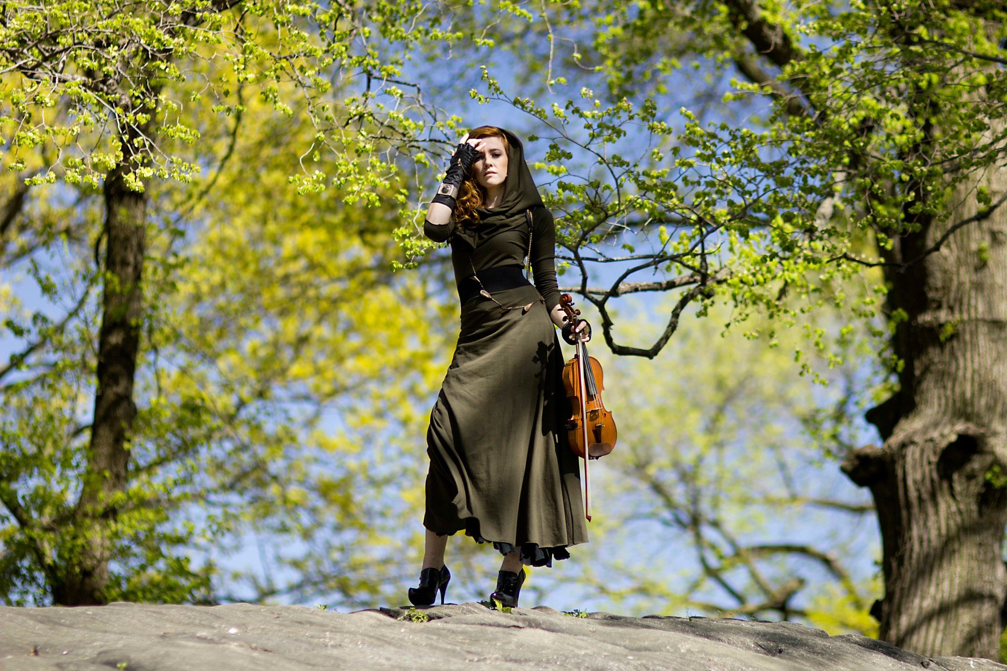 violin, Women outdoors, Music, Trees, Women Wallpaper