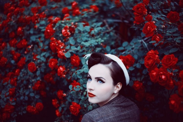 women, Blue eyes, Brunette, Looking up, Flowers, Rose, Red lipstick HD Wallpaper Desktop Background