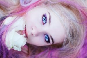women, Blue eyes, Face, Pink hair, Closeup