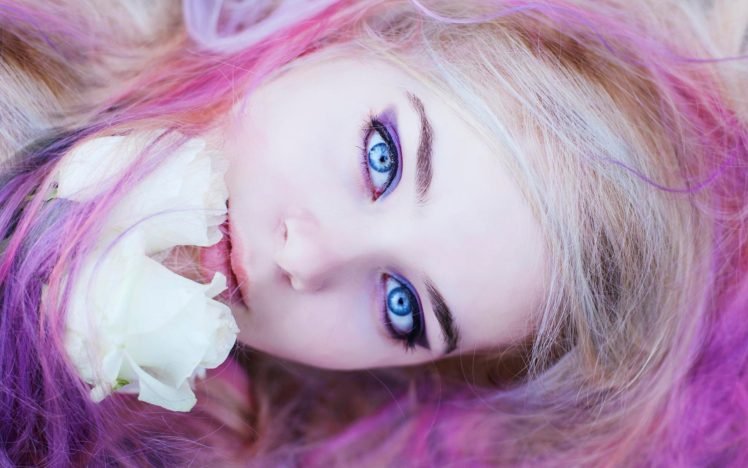 women, Blue eyes, Face, Pink hair, Closeup HD Wallpaper Desktop Background