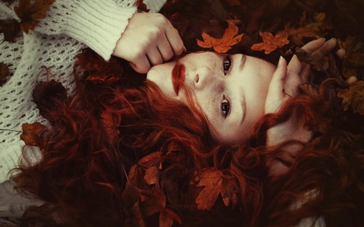 redhead, Face, Women, Leaves, Freckles, Sweater, Long hair, Red lipstick HD Wallpaper Desktop Background