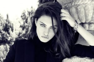 women, Model, Brunette, Long hair, Women outdoors, Face, Trees, Phoebe Tonkin, Actress, Looking at viewer, Monochrome, Black outfits