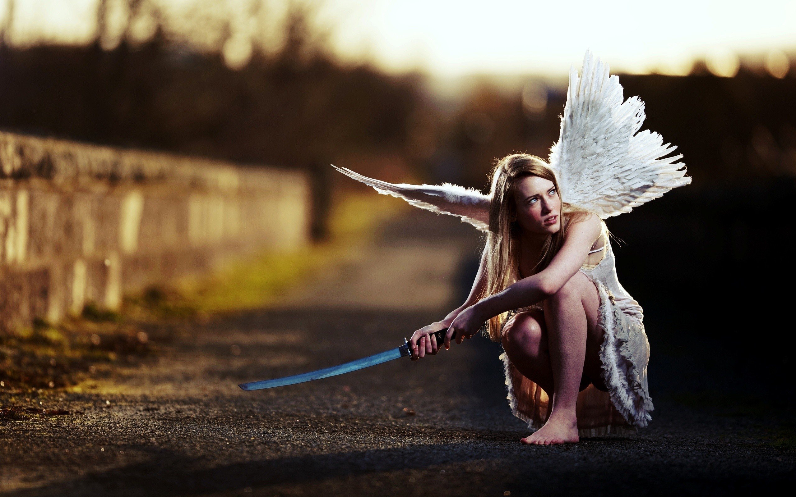 sword, Blonde, Women, Dress, White dress, Wings Wallpaper