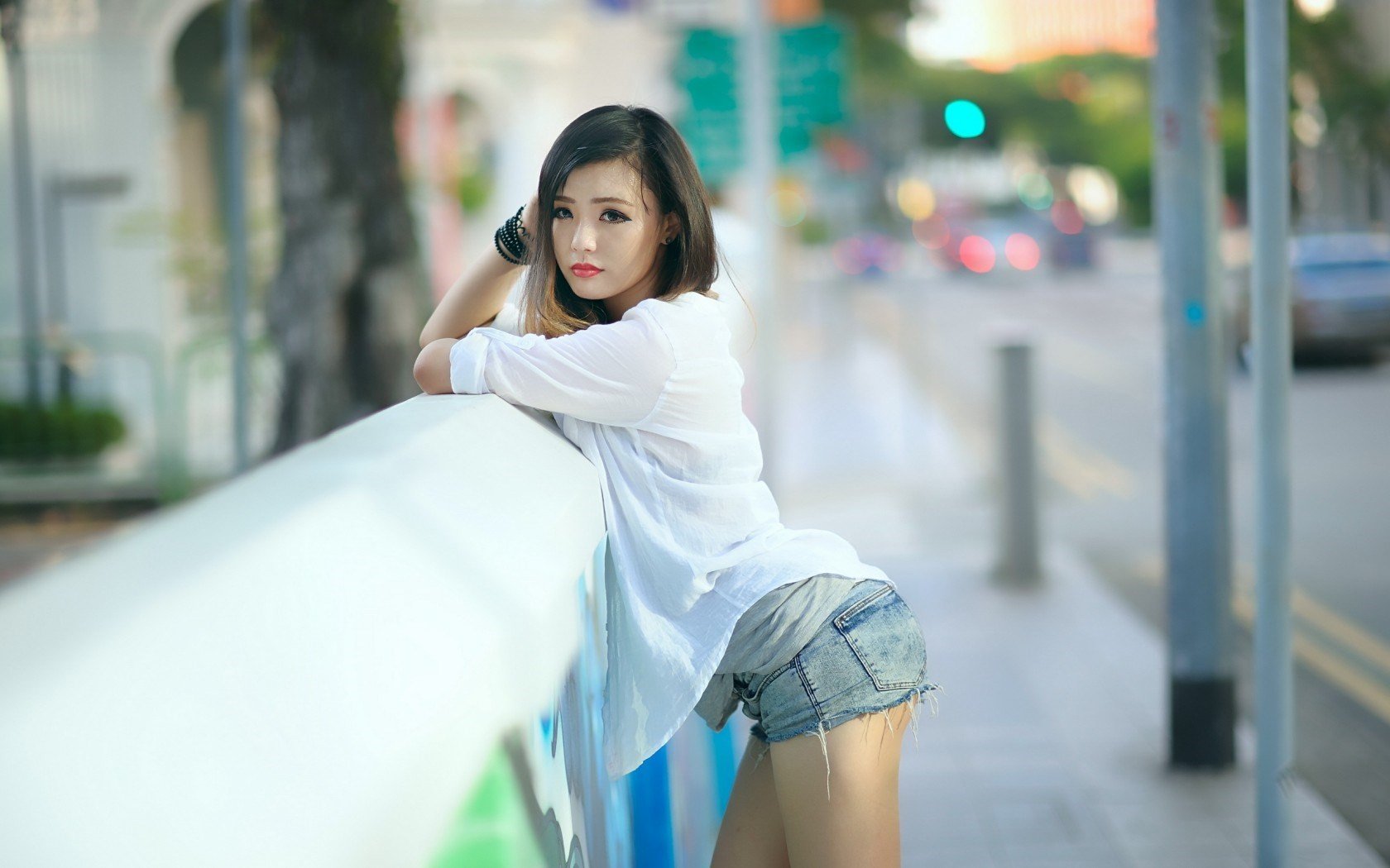 women, Model, Brunette, Asian, Women outdoors, Jean shorts, Blouses, Street, Looking at viewer, Ripped clothes Wallpaper