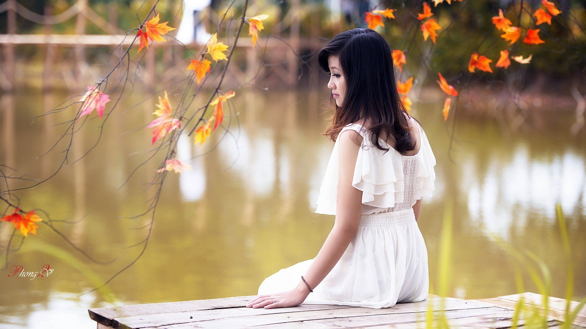 women, Model, Brunette, Long hair, Asian, Women outdoors, Nature, Trees, Looking away, White dress, Leaves, Water, Lake, Pier, Wooden surface, Sitting, Fall, Branch, Vietnamese Wallpaper