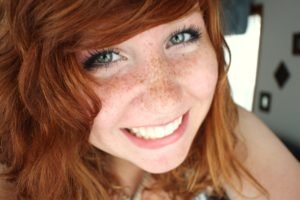 women, Model, Redhead, Long hair, Face, Portrait, Blue eyes, Looking at viewer, Smiling, Freckles, Gray eyes