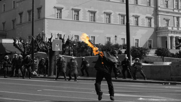 protestors, Selective coloring, Greece, Athens, Molotov HD Wallpaper Desktop Background