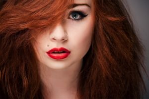 women, Model, Redhead, Long hair, Face, Portrait, Blue eyes, Looking at viewer, Open mouth, Piercing, Pierced nose, Red lipstick