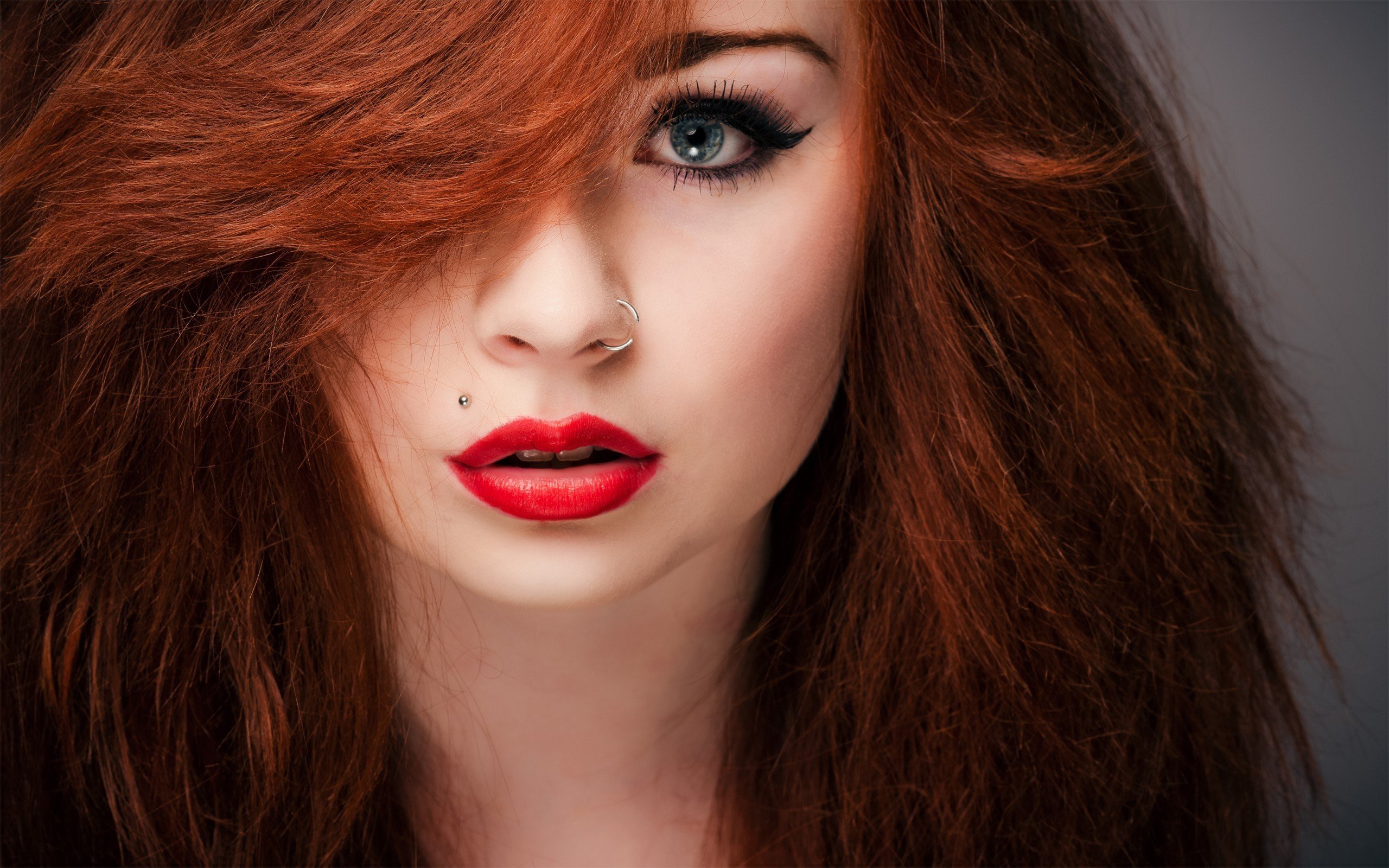 women, Model, Redhead, Long hair, Face, Portrait, Blue eyes, Looking at viewer, Open mouth, Piercing, Pierced nose, Red lipstick Wallpaper