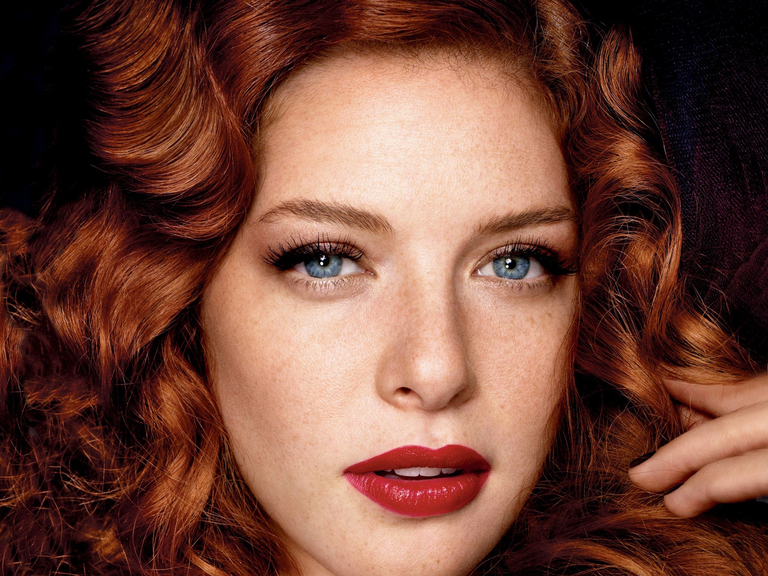 women, Model, Redhead, Long hair, Face, Portrait, Blue eyes, Looking at viewer, Open mouth, Rachelle Lefevre, Actress, Wavy hair, Freckles, Red lipstick Wallpaper