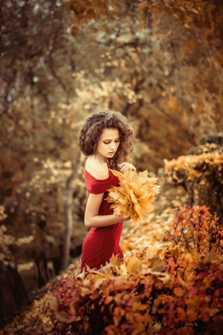women, Brunette, Long hair, Women outdoors, Ksenia Malinina, Dress, Red dress, Fall, Model HD Wallpaper Desktop Background