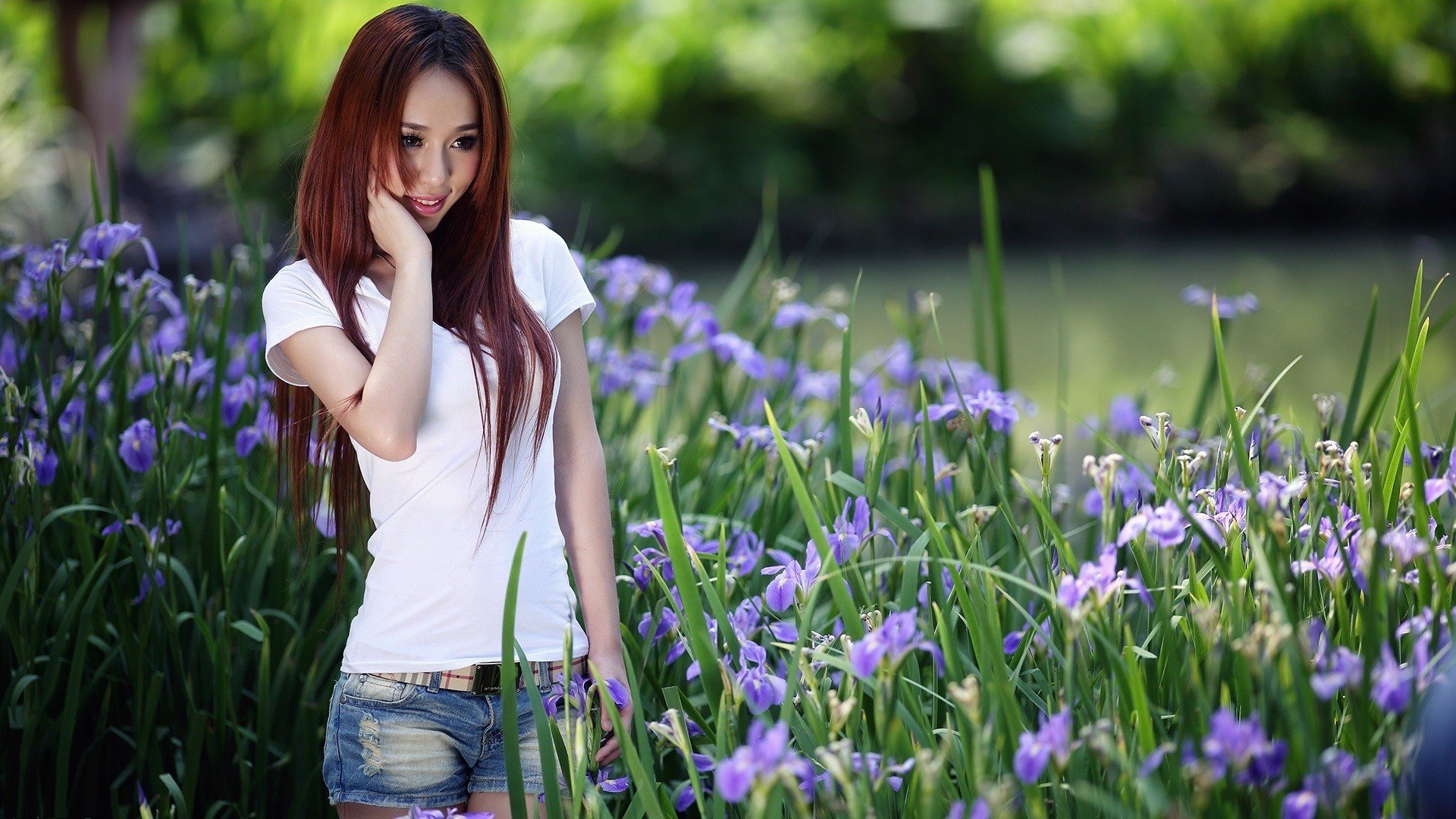 women, Asian, Flowers, Jean shorts Wallpaper