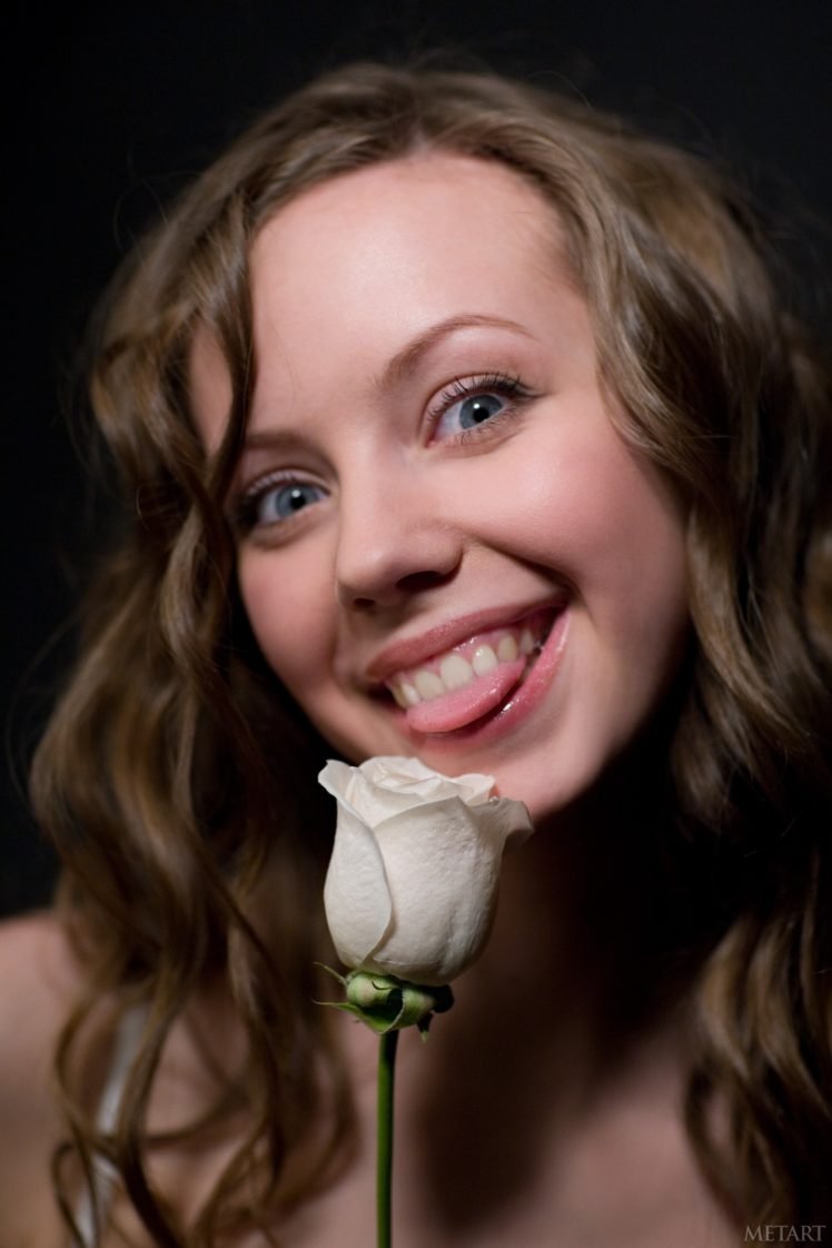 Natasha S., Women, Brunette, Blue eyes, Smiling, Tongues, White flowers, Rose, Innuendo HD Wallpaper Desktop Background