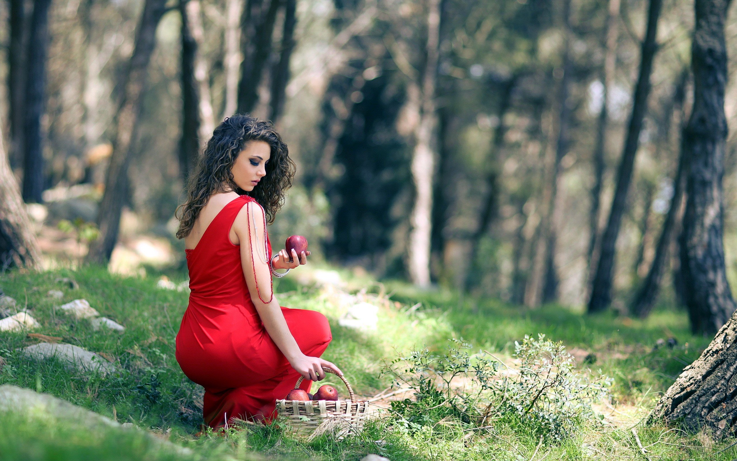 women, Red dress, Women outdoors, Apples, Baskets, Curly hair Wallpaper