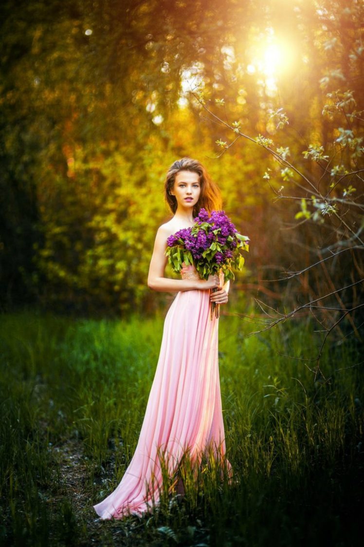 women, Dress, Grass, Pink dress, Lilac, Women outdoors, Model, Blue eyes HD Wallpaper Desktop Background