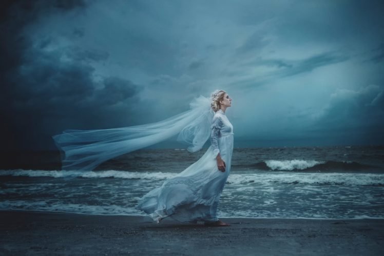 women, Sea, Brides, Profile, Windy HD Wallpaper Desktop Background