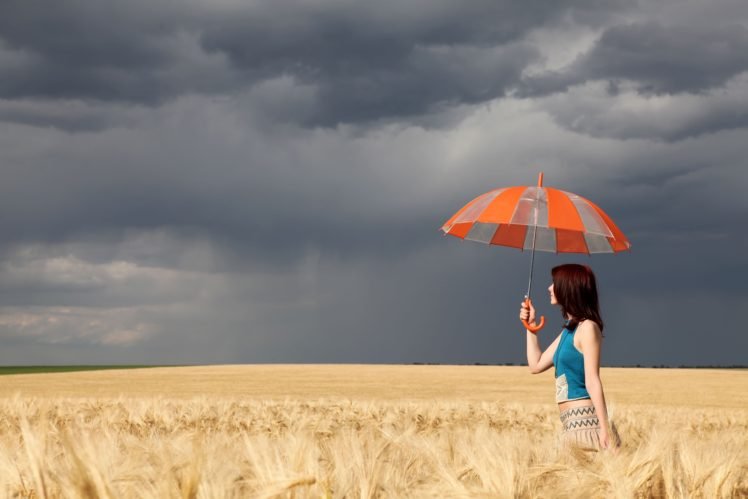 women, Model, Dry grass, Umbrella, Nature, Overcast HD Wallpaper Desktop Background