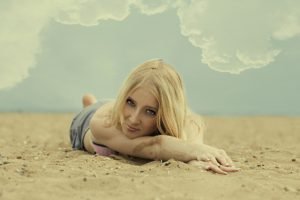 women, Model, Blonde, Sand, Clouds