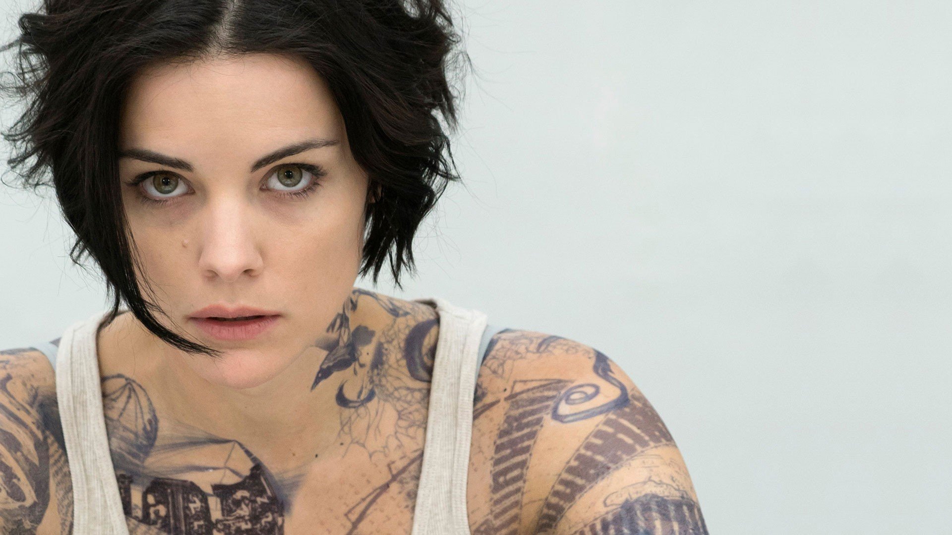 women, Model, Brunette, Face, Looking at viewer, Tattoo, Jaimie Alexander,  Actress, Tank top, Brown eyes, Simple background, Open mouth, Short hair HD  Wallpapers / Desktop and Mobile Images & Photos
