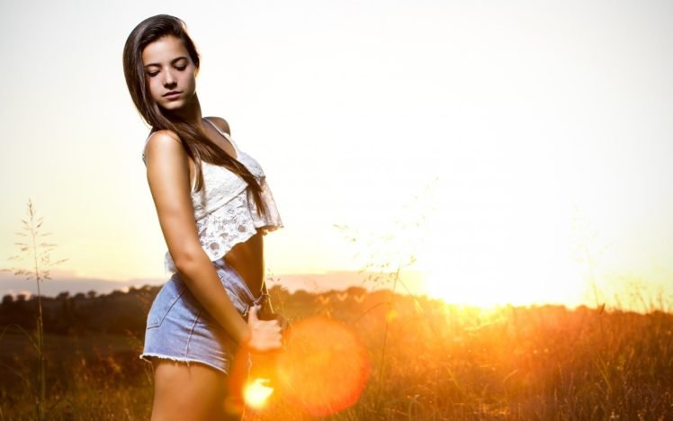 women, Model, Grass, Sun rays, Jean shorts HD Wallpaper Desktop Background