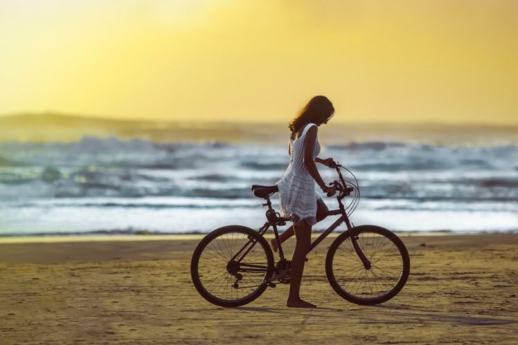women, Model, Beach, Sea, Bicycle HD Wallpaper Desktop Background