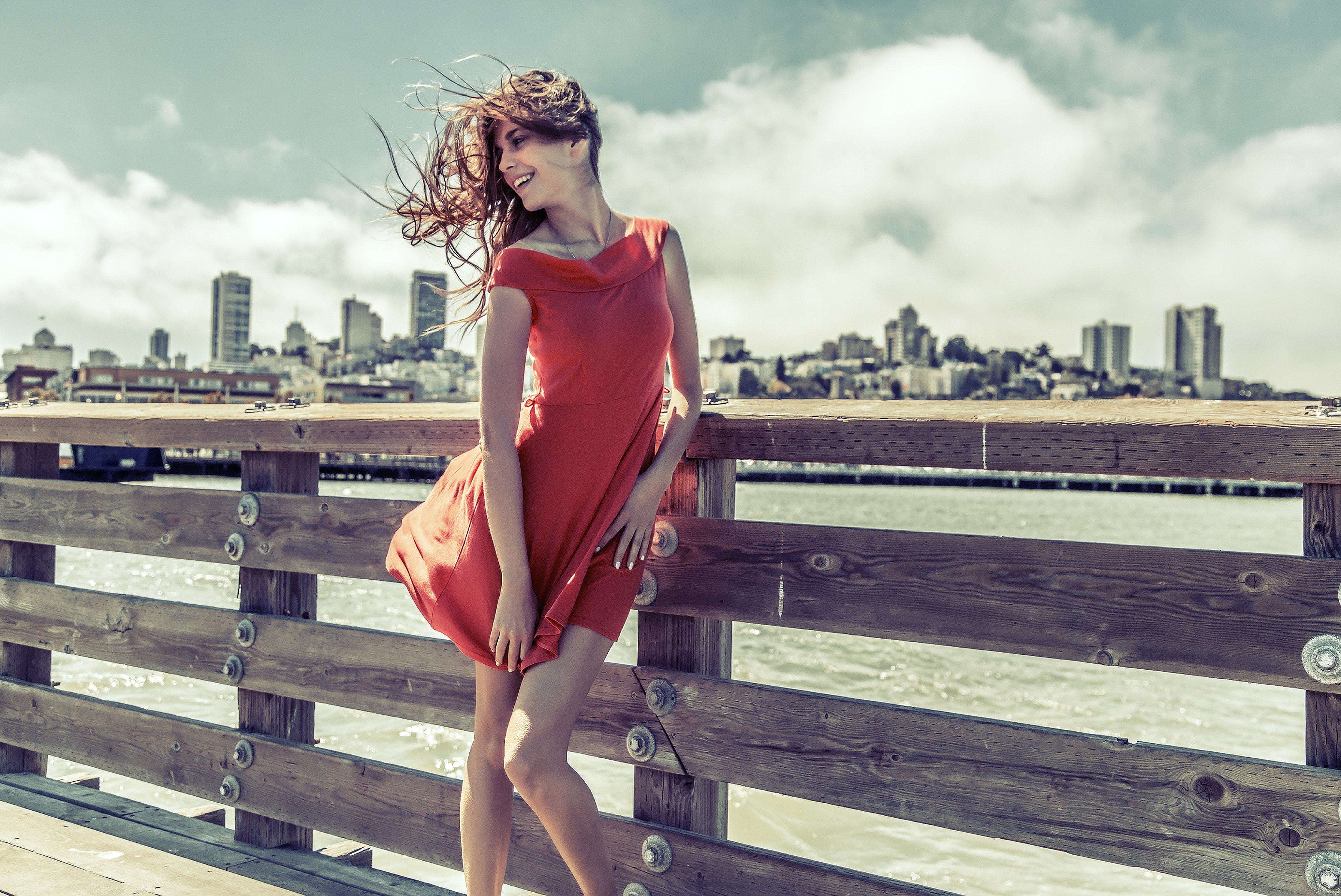 women, Model, City, Wind, Red dress Wallpaper