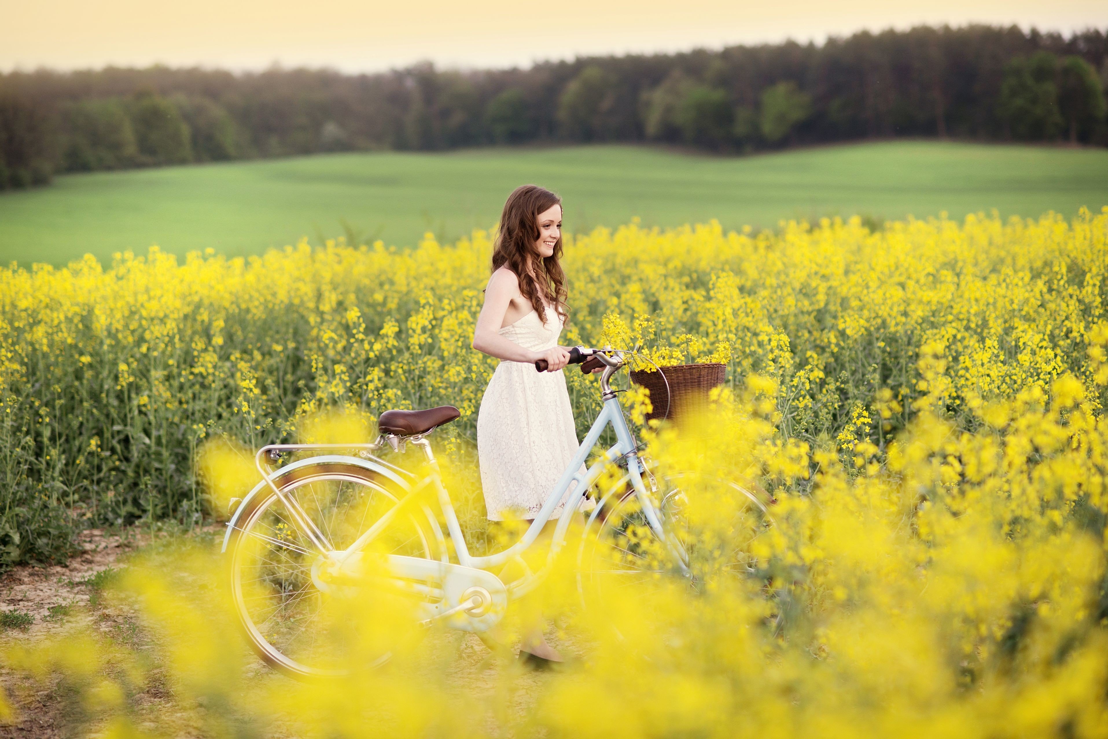 women, Model, Bicycle, Field, Yellow flowers, Rapeseed Wallpaper