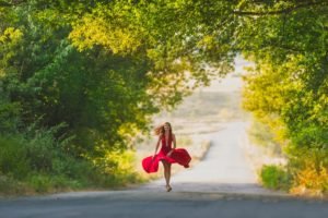 women, Model, Red dress, Road, Trees