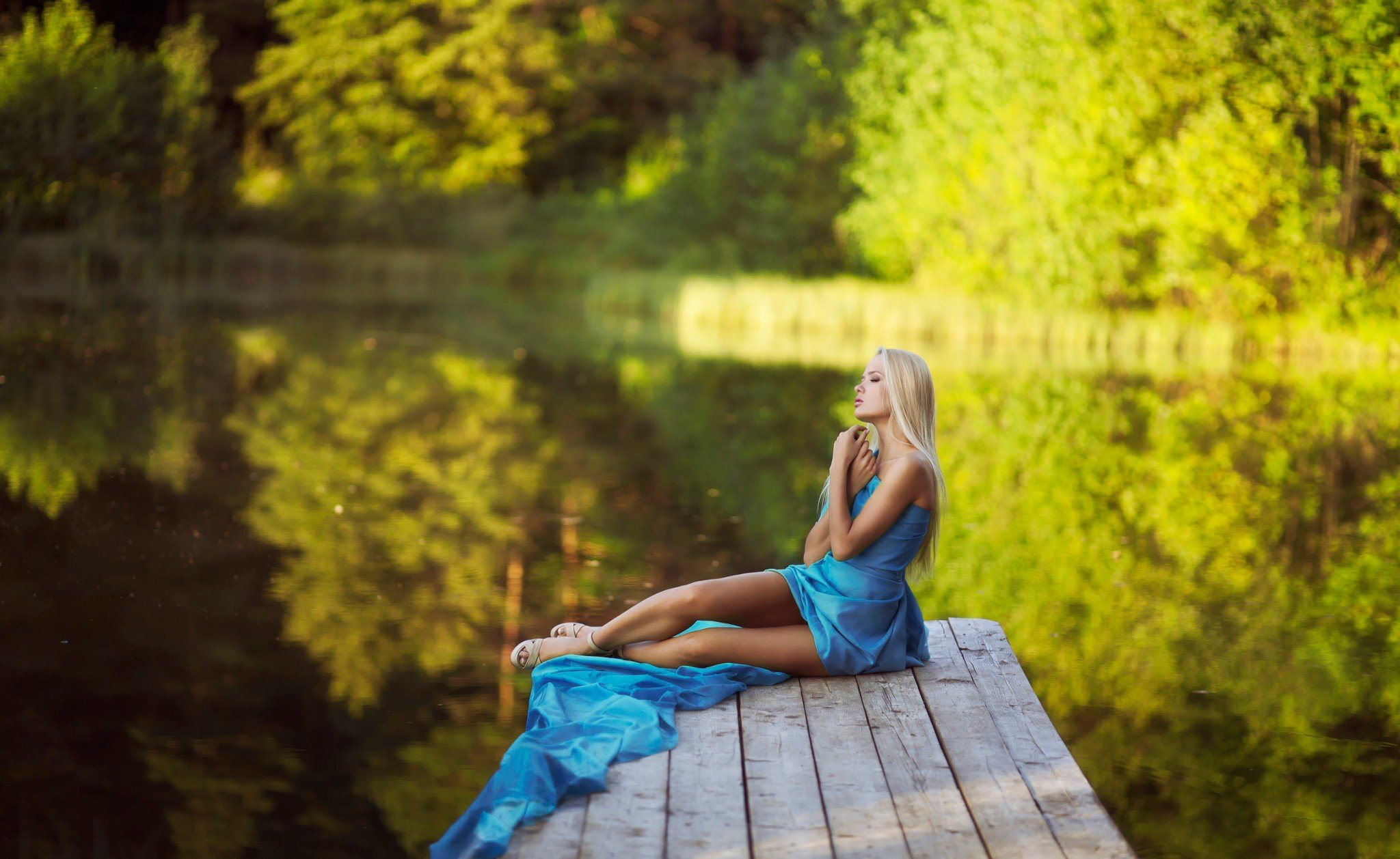 women, Model, Blonde, Nature, River, Blue dress Wallpaper