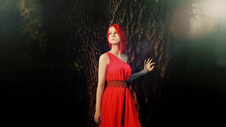 women, Model, Redhead, Red dress, Trees, Cosplay HD Wallpaper Desktop Background