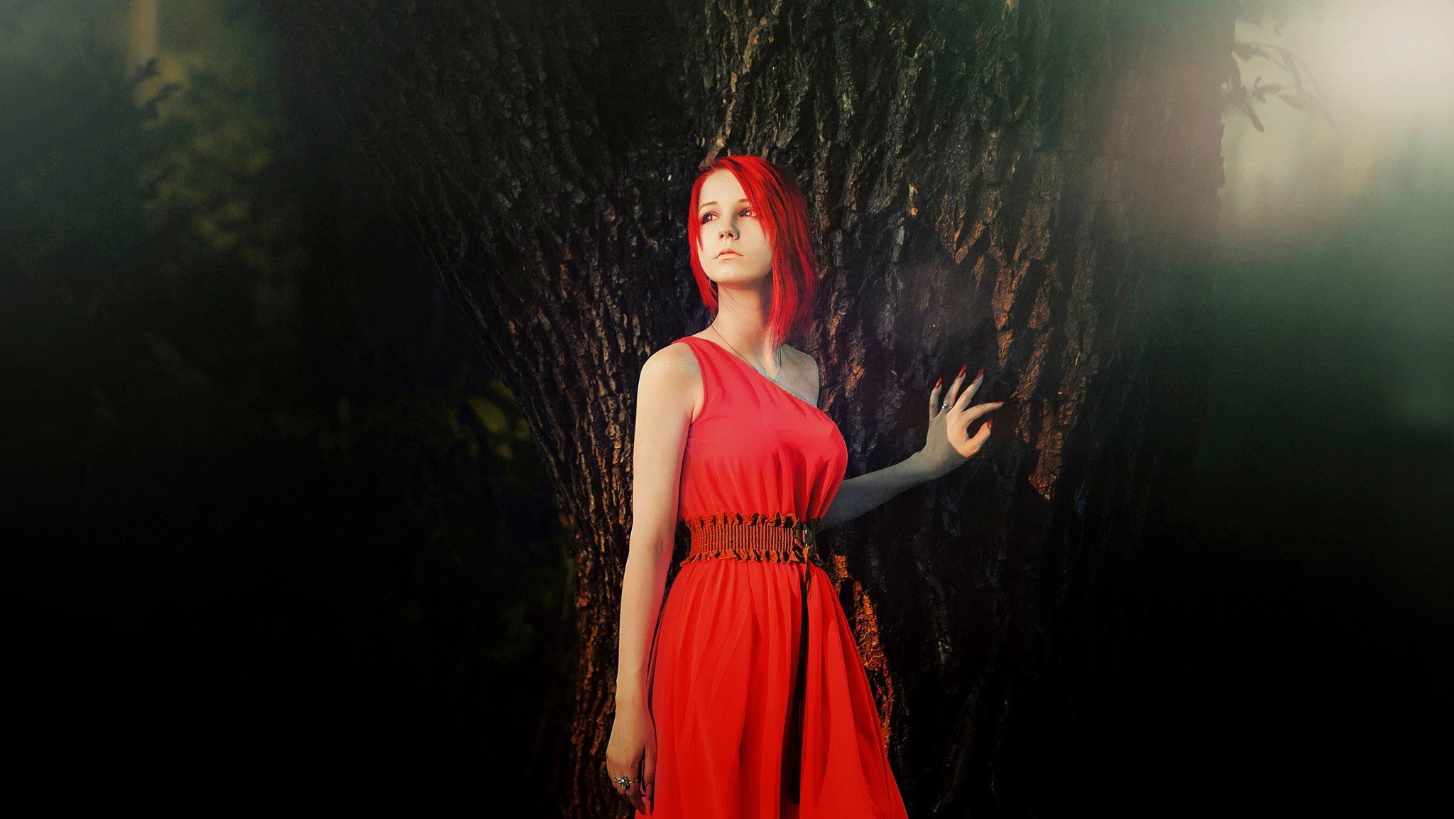 women, Model, Redhead, Red dress, Trees, Cosplay Wallpaper