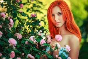 women, Model, Redhead, Flowers