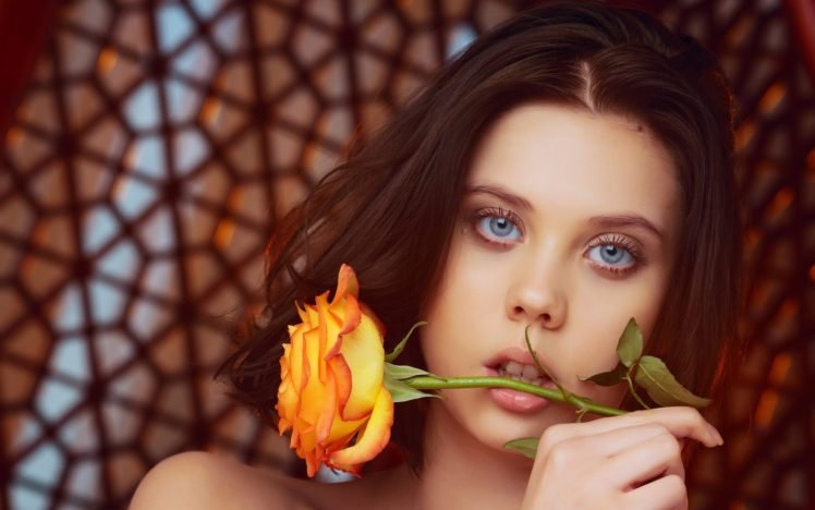 women, Model, Gray eyes, Face, Brunette, Flowers, Rose HD Wallpaper Desktop Background