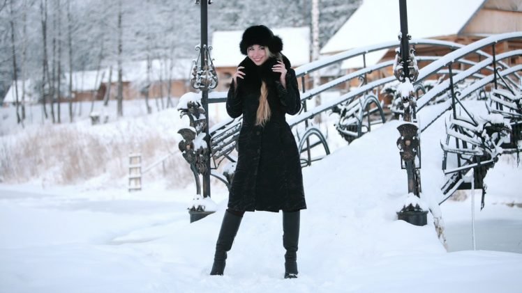 women, Model, Snow, Winter, Leather boots, Blonde, Smiling, Long hair, Bridge HD Wallpaper Desktop Background