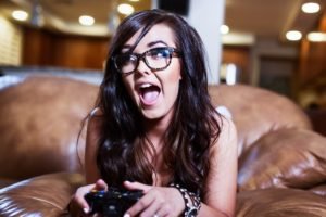 women, Open mouth, Glasses, Video games