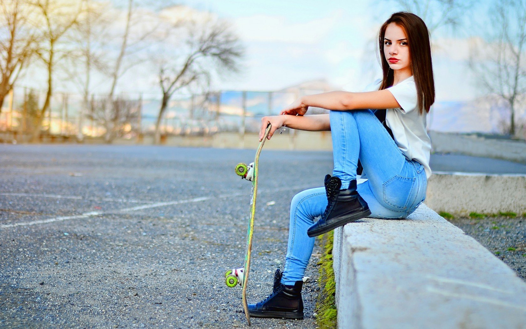 women, Model, Jeans, Road, Skateboard Wallpaper