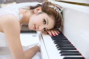 piano, Women, Asian, Brunette, White dress