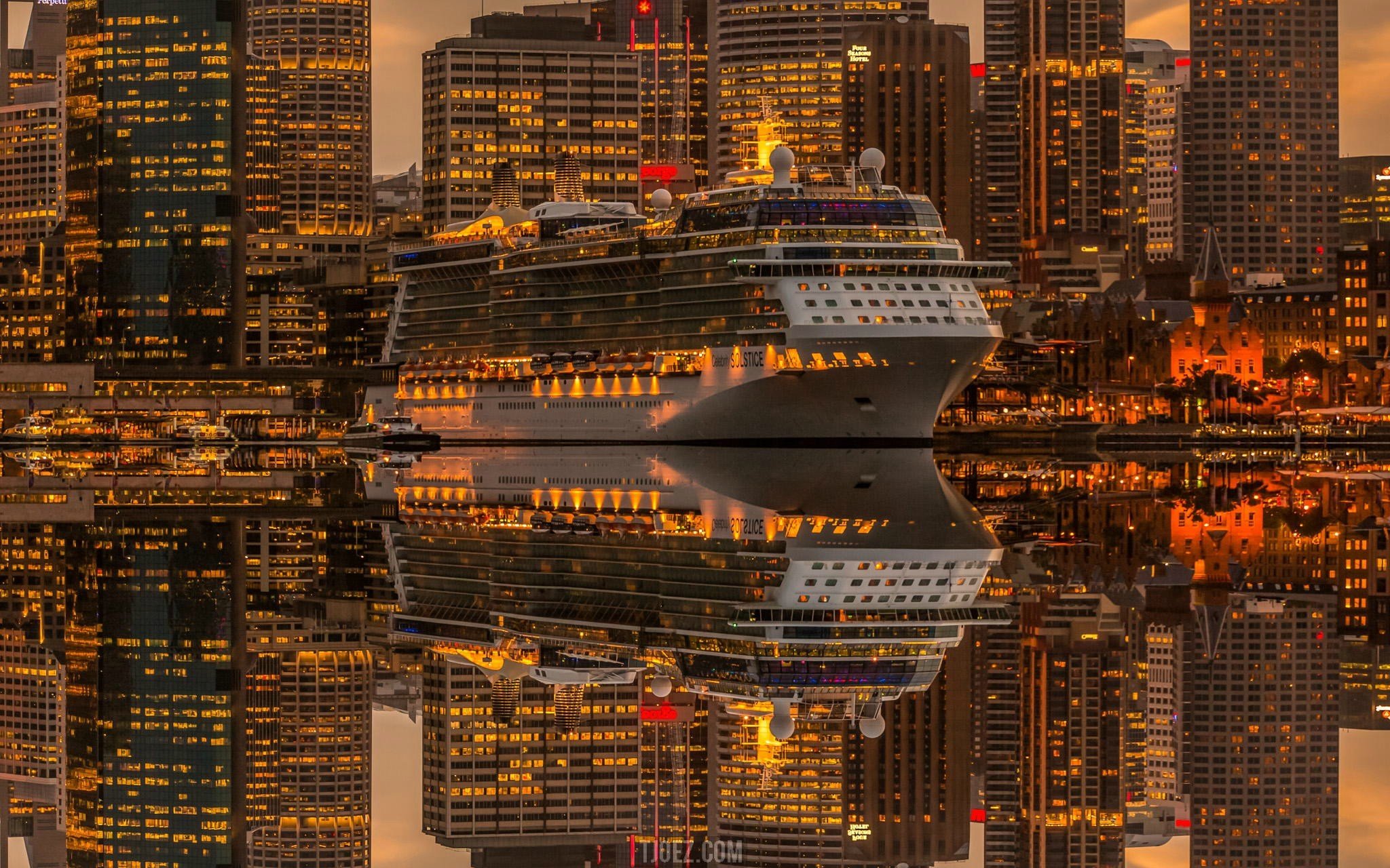 city, Ship, Skyscraper, Lights, Reflection, Photo manipulation, Sydney Wallpaper
