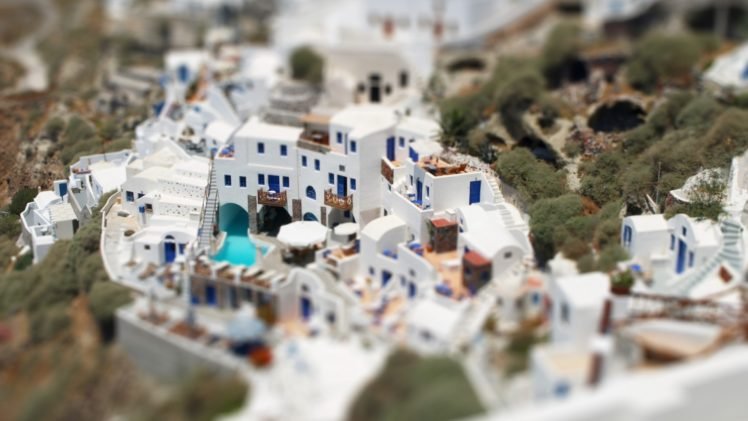 tilt shift, Santorini, Greece HD Wallpaper Desktop Background