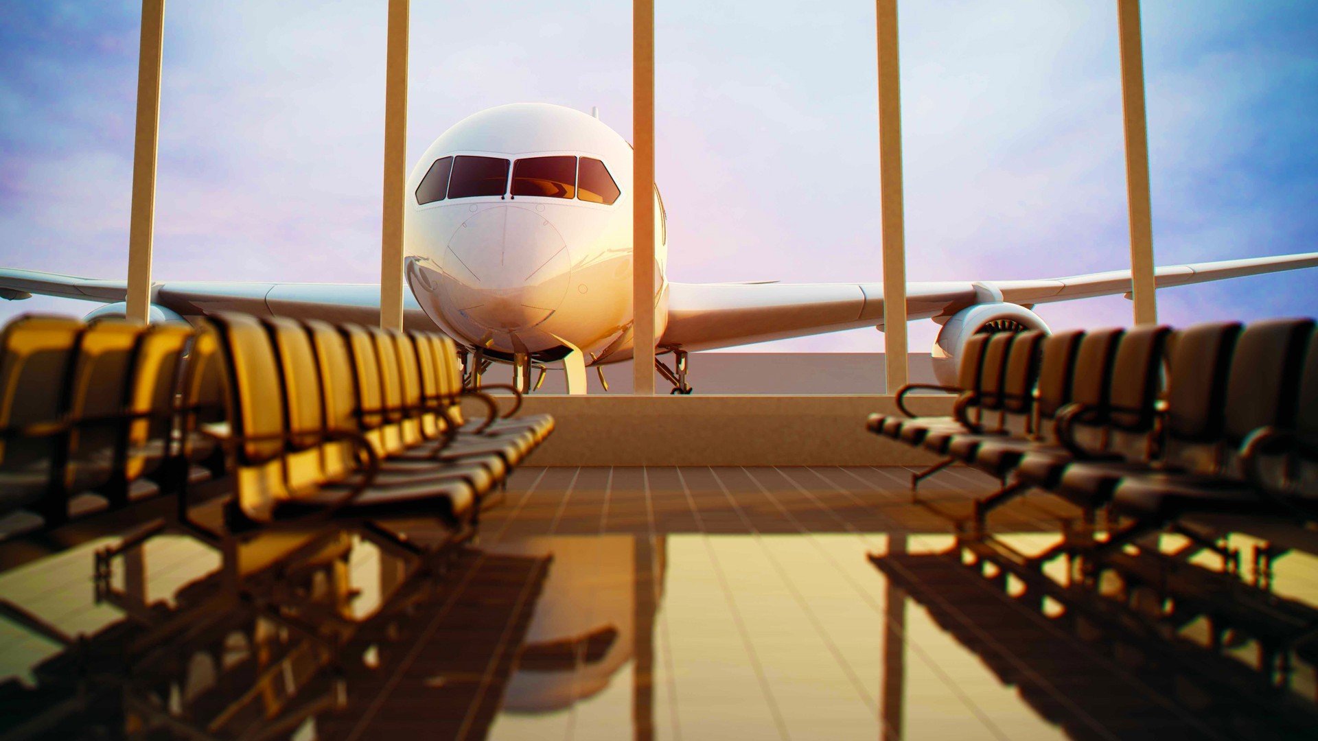 airplane, Airport, Chair, Passenger aircraft, Window, Sunlight, Reflection, Depth of field Wallpaper
