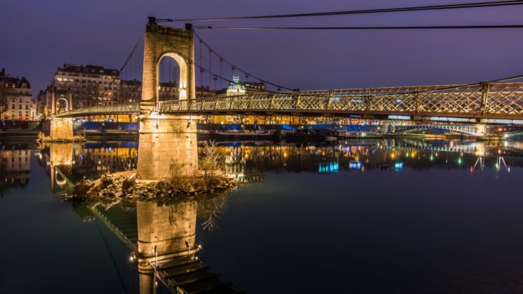 bridge, Night, Lyon, France HD Wallpaper Desktop Background