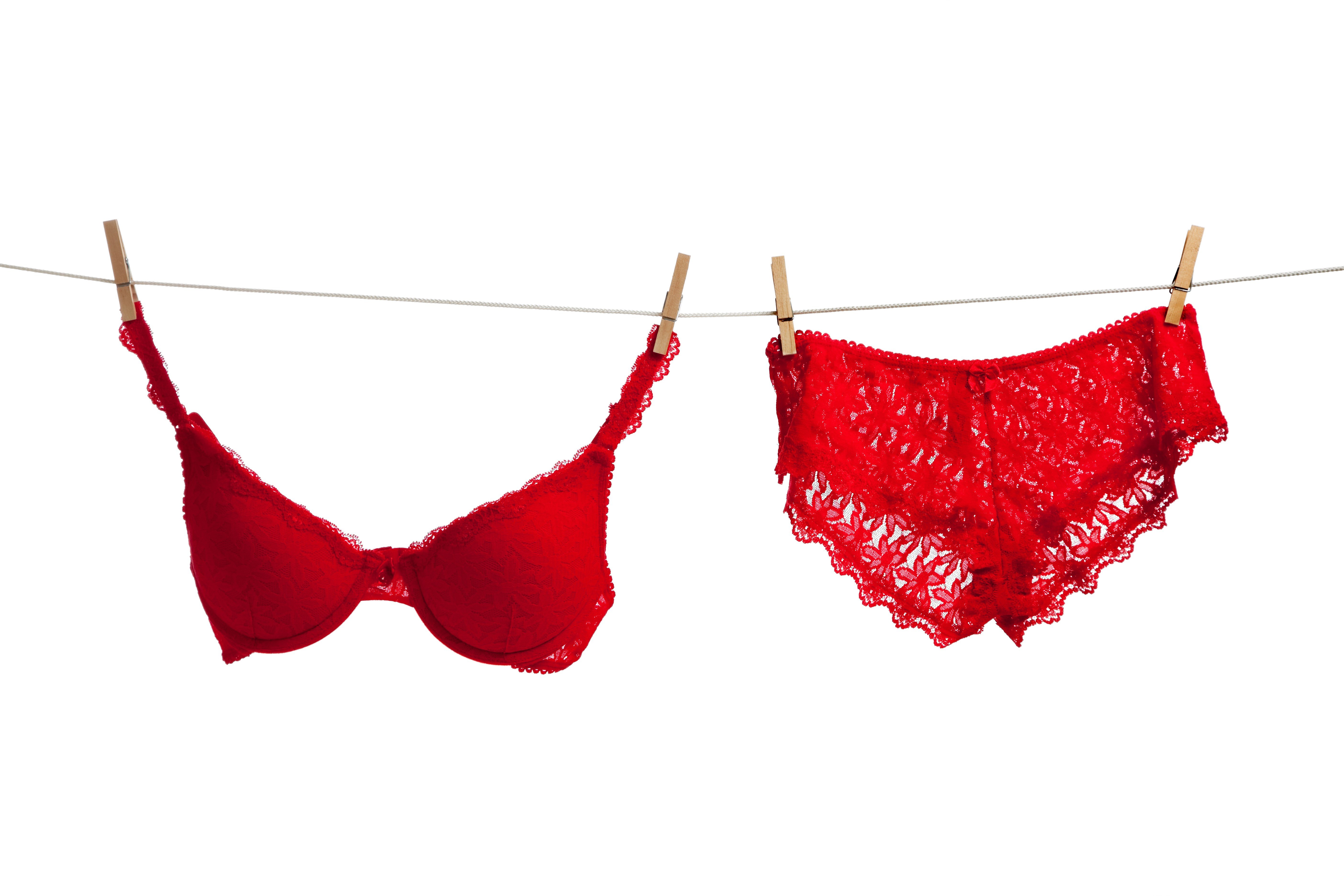 underwear, Red bras, Red panties, White background, Pegs, Cords Wallpaper