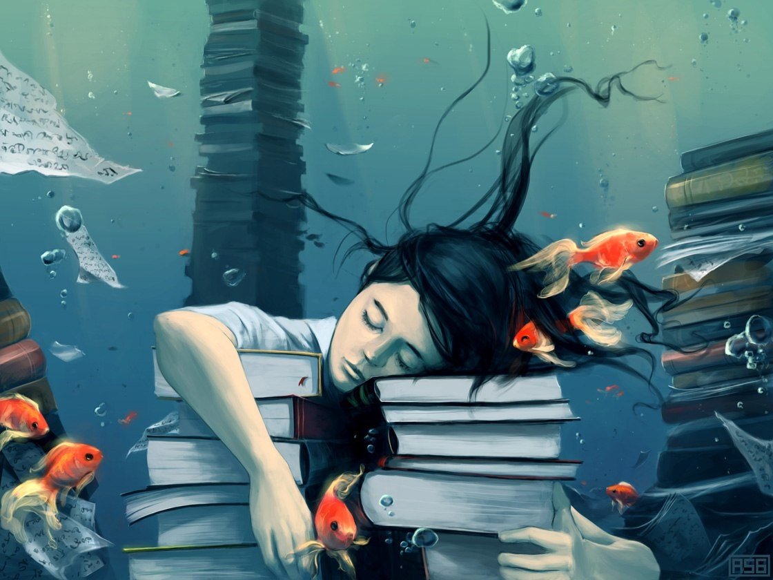 books, Fish, Bubbles, Closed eyes, Paper, Underwater, AquaSixio Wallpaper