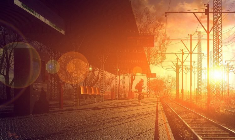 train station, Sunlight, Bokeh, Power lines, Cobblestone, Lens flare, Utility pole HD Wallpaper Desktop Background