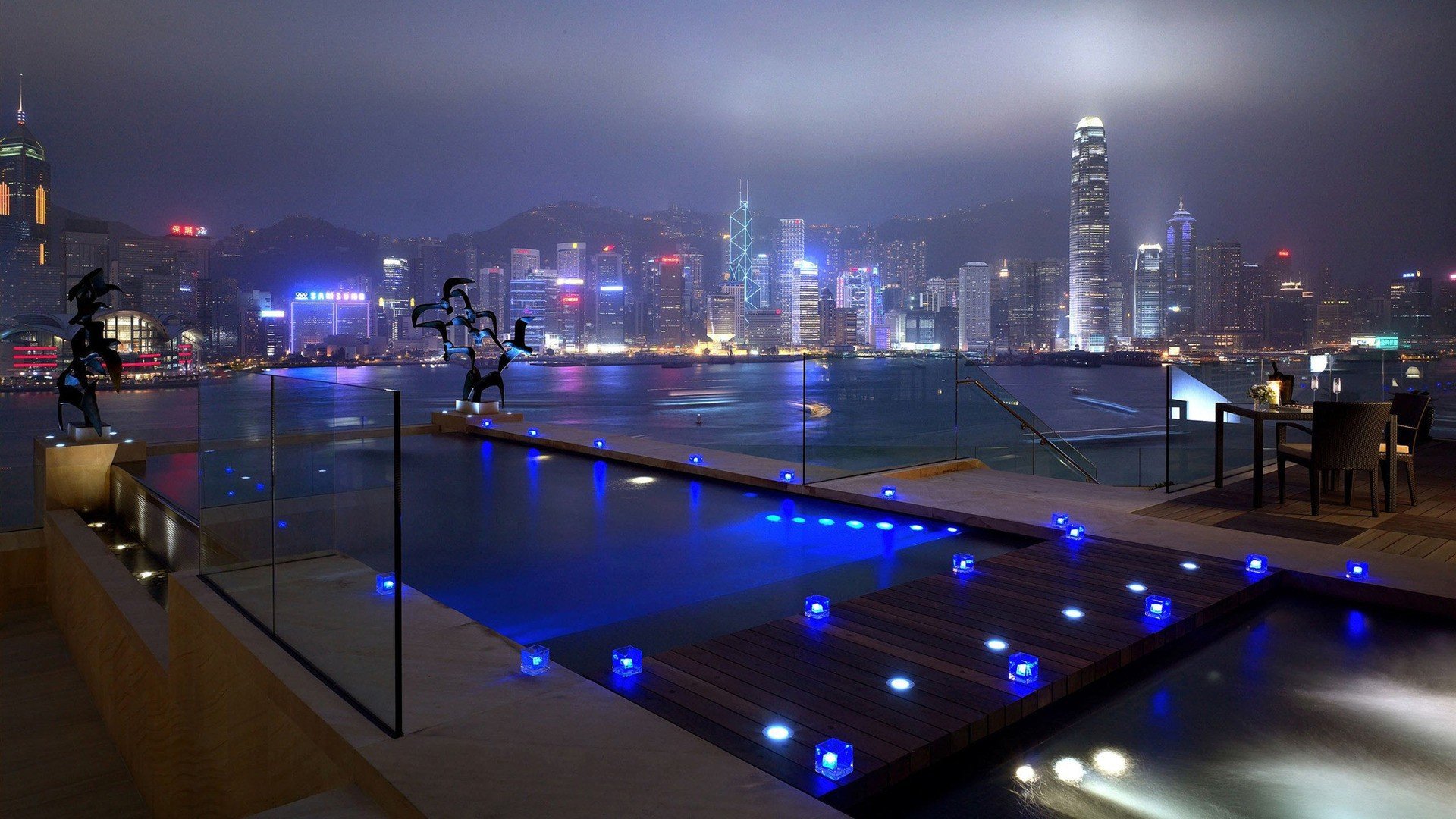 architecture, Night, Lights, Cityscape, Long exposure, Swimming pool