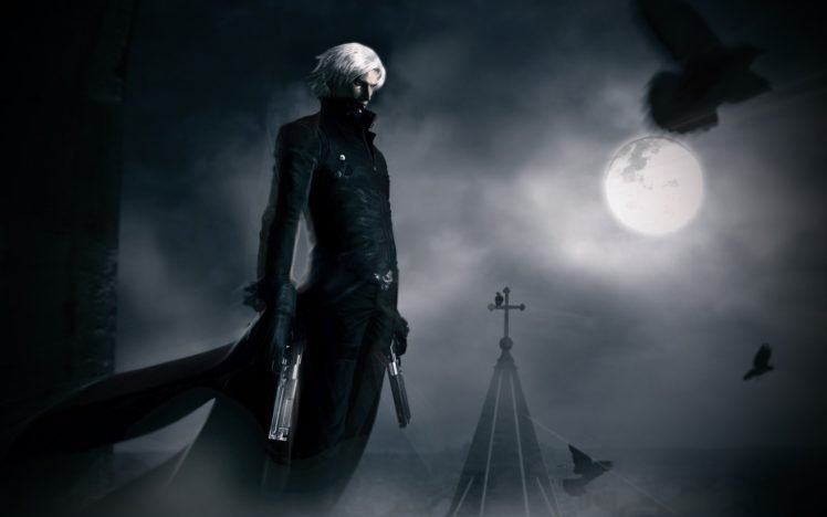 Devil May Cry, Dante, Gun, White hair, Moon HD Wallpaper Desktop Background