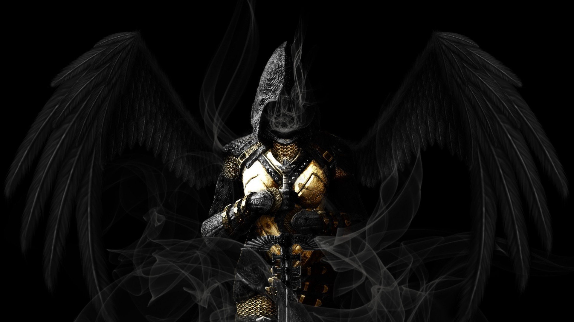 angel, Wings, Sword, Dark Wallpaper