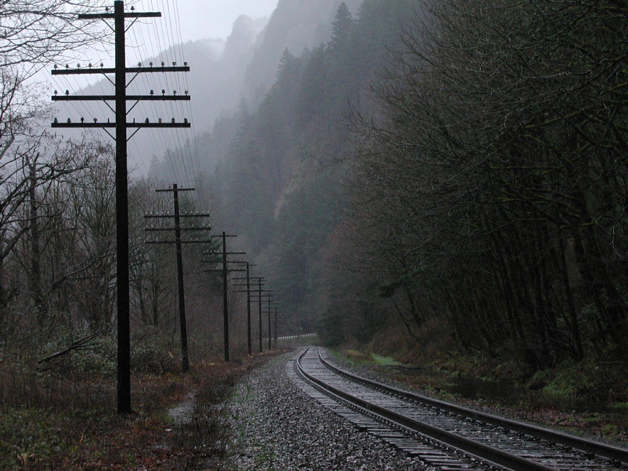 rain, Railway, Power lines, Utility pole Wallpaper