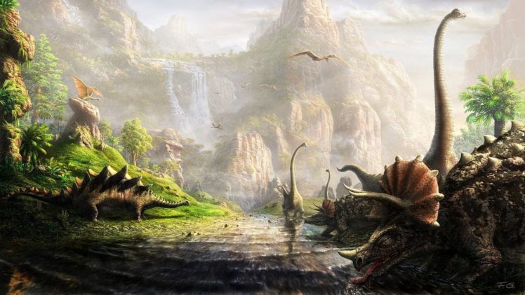 dinosaurs, Brachiosaurus, Stegosaurus, Triceratops, Pterodactyl HD Wallpaper Desktop Background